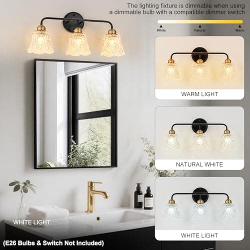 YUNICE 3 Light Bathroom Vanity Light Fixtures Brushed Black and Gold Wall Sconce with White Glass Shade E26 Base Vintage Mirror Lights for Bathroom, Bedroom Antique Brass Wall Lamp - Thumbnail 5