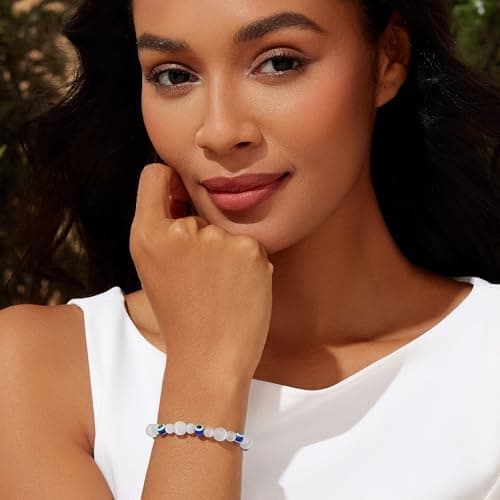 Cicy Bell Evil Eye Bracelets for Women Natural Cat's Eye Gemstone Stretch Elastic Healing Bracelet for Women Lucky Birthday Gifts - Thumbnail 4