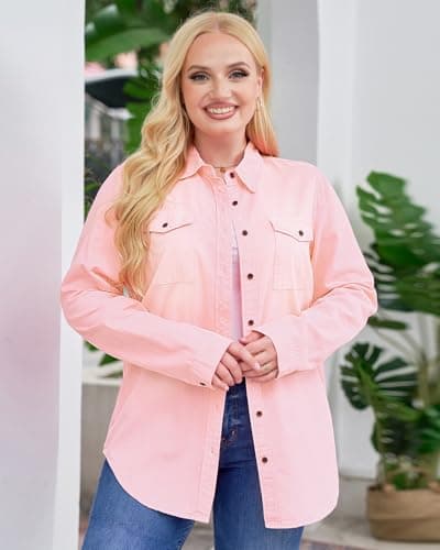 Vetinee Women's Candy Pink Button Down Denim Shirt Collared Classical Casual Vintage Retro Long Sleeve Pocket Tunic Fall Tops Blouse Size X-Large Size 0 Size 2 - Thumbnail 3