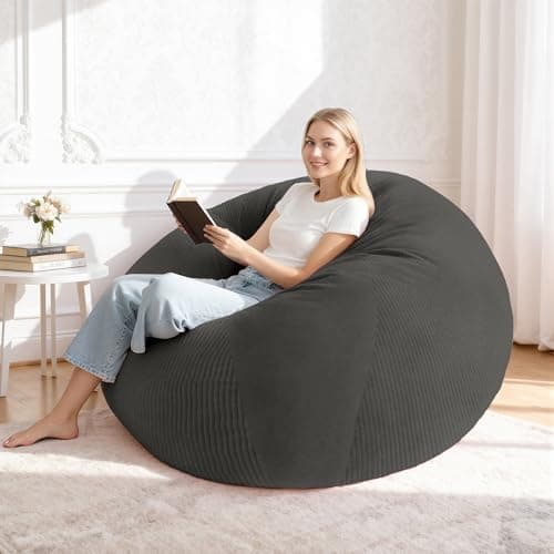 Homguava 4FT Bean Bag Chairs for Adults Teardrop BeanBag Chair Comfy Memory Foam Bean Bags Two-Tone Distressed Velvet&Corduroy Washable Cover for Living Room, Home (Distressed Velvet, Dark Grey) - Thumbnail 4