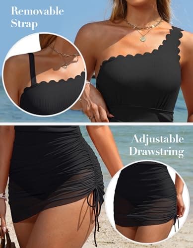 Charmo Tummy Control Swim Suits for Women Scalloped Swim Dress 1 Piece Swimsuit Women One Shoulder Bathing Suit Black M - Thumbnail 4