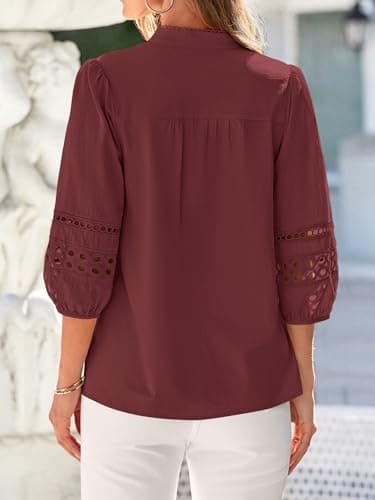 BTFBM Summer Tops for Women 2026 Eyelet Top 3/4 Length Sleeve Dressy Casual Blouses Spring Boho Button Down Shirts(Jujube Red, Large) - Thumbnail 3