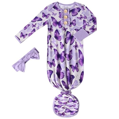 Baby Newborn Knotted Gown, Soft Breathable Viscose from Bamboo for Infant Home Coming Outfit, Knotted Gown with Headband (Purple Butterfly, 1-3M) - Image 1