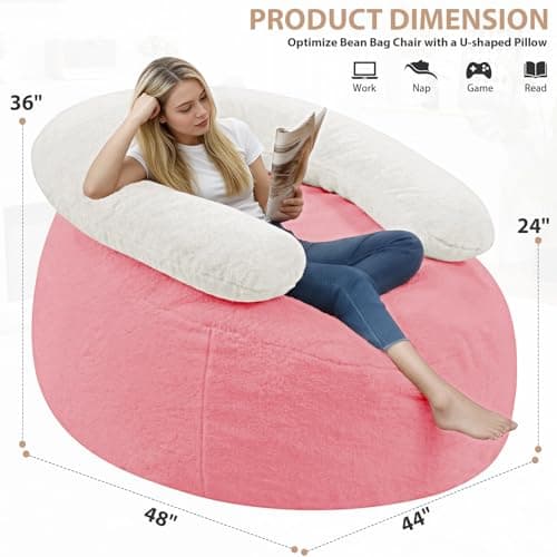 HABUTWAY Giant Bean Bag Chair, Oversized Beanbag Chair with Filler, Ultra Soft Faux Fur Bean Bag Lounge Floor Sofa w/U-Shaped Pillow for Gaming, Reading, Pink & Beige - Thumbnail 3