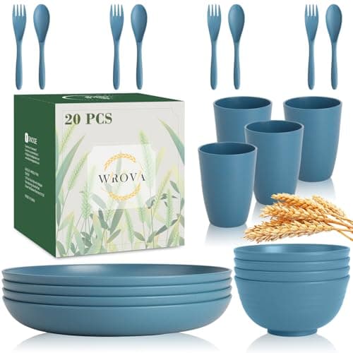 Wrova Wheat Straw Dinnerware Sets of 20,Dishwasher Safe Kitchen Plates and Bowls Sets,Camping Dishes Sets Contains Dinner Plates,Cereal Bowls,Drinking Cups and Flatware.(Blue)