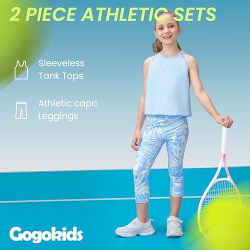 Gogokids Girls' Activewear Workout Set 2 Piece Athletic Sets Sleeveless Mesh Tank Tops and Capris Leggings Yoga Pants, Blue(140/9-10 Years) - Thumbnail 3