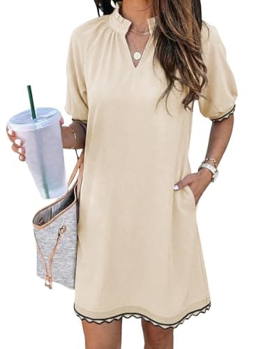 EVALESS Casual Dresses for Women 2026 Ruffle A Line Summer Dresses Loose V Neck Work Vacation Short Dresses Easter Spring Dresses with Pockets Fashion Clothing Resort Wear Outfits Jet Stream X-Large - Image 1