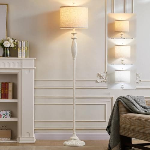 63.8" Vintage Floor Lamp with Rotary Switch, Dimmable Color Temperature Standing Lamp, Retro Farmhouse Floor Lamps for Living Room, Bedroom, Hallway, Office, Room Decor, Antique White (Bulb Included) - Image 1