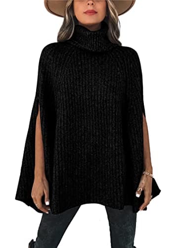 KIRUNDO Women's 2026 Fall Winter Turtleneck Poncho Sweater Fashion Chunky Knit Cape Wrap Sweaters Pullover Jumper Tops(Black, Small) - Image 1
