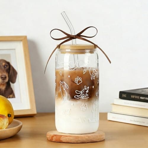 Dachshund Gift for Women, Funny Wiener Dog Gifts Glass Cup with Lid & Straw Coffee & Smoothie Tumbler for Weenie Lovers Dog Owners Pet Moms Wife teens Friend Sister for Mother’s Day Birthday - Thumbnail 2