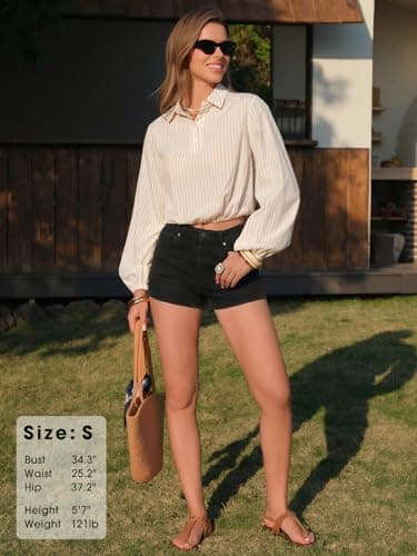 EXLURA Women's 100% Cotton Long Sleeve Crop Tops Summer Striped Collared Button V Neck Pullover Shirt Elastic Hem Y2K Blouse Apricot - Thumbnail 4