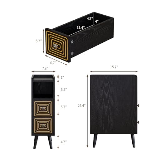 ALWXIA Nightstand Set of 2,Wooden Nightstand with Double Drawers and Open Storage Compartments,Carved Craft,Suitable for Bedroom,Living Room,Guest Room (Narrow nightstand-Black-03, 2 Packs) - Thumbnail 2