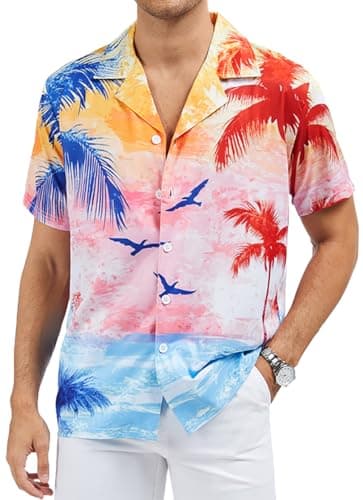 ASTRYON Hawaiian Shirt for Men Short Sleeve Floral Palm Button Down Tropical Vacation Beach Shirt (US, Alpha, Medium, Regular, Regular, Blue and Pink and Orange) - Image 1