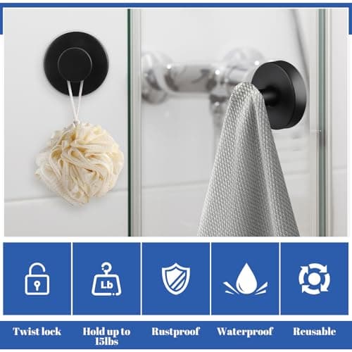 Dntorx Vacuum Suction Cup Hooks, 4 Pack Stainless Steel Suction Hook for Shower Bathroom Towel Hooks Shower Hooks Holders Hanging Towels, Loofah, Robe, Coat(Black) - Thumbnail 4