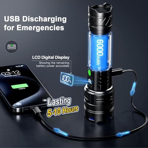 Rechargeable Flashlights 10000 High Lumens Single One Mode Super Bright, High Powered LED Flashlight USB C, High Beam 3280 ft Long Lasting Powerful Heavy Duty Strong Flash Light For Security Hiking - Thumbnail 5
