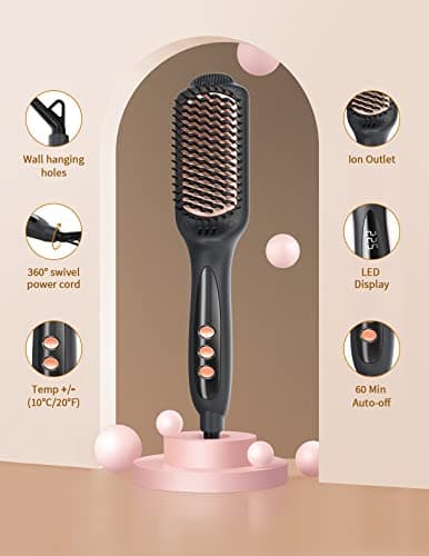LANDOT Hair Straightener Brush for Frizz-Free & Smooth Results – Ionic Ceramic Straightening Brush with 12 Temp Settings(250-450°F),Idea for Medium Length Hair,Dual Voltage & Fast Heating for Home Use - Thumbnail 6