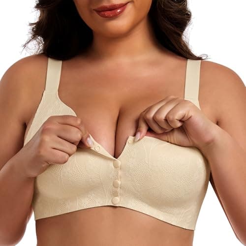Women's Daisy Bras Front Snap Closure No Underwire Comfortable Soft Seamless Wireless Lace Bralettes Senior Full Coverage Anti Saggy Breast Tshirt Everyday Bra Apricot, L - Thumbnail 6