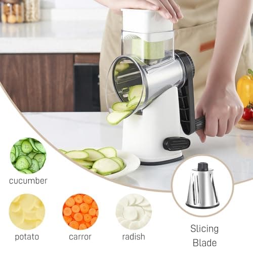 Weltonhm Rotary Cheese Graters with 4 Blades, Hand Crank Cheese Grater with Waffle Slicer, Red, Black and White Cheese Shredder with Suction Base, Easier for Shredding & Grating (White, 4 Graters) - Thumbnail 3