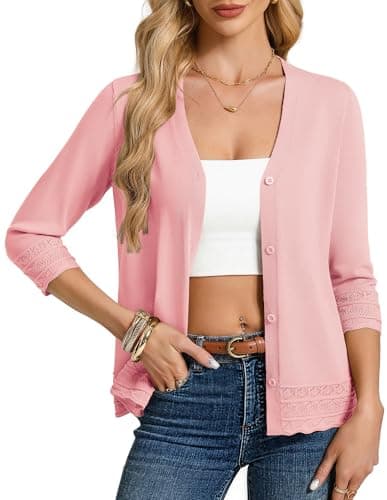 GRACE KARIN Womens Cardigans Trendy 3/4 Sleeve Button Up Cardigan Sweaters Lightweight Summer Cardigans（Light pnk，Large） - Image 1