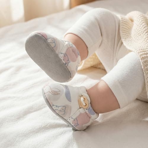 HOVELL Baby Booties Adjustable Toggle Slipper Newborn Stay-on Boots Soft Cozy Cotton Non-Slip Shoes for Infants Girls(PinkRabbit,6-12Months) - Thumbnail 2
