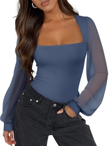 PINKMSTYLE Mesh Long Sleeve Tops for Women Fitted Double Lined Square Neck Bodysuit Tops Club Clothes Party Shirts Starry Blue Small - Image 1
