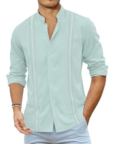 JEKAOYI Mens Linen Shirts Long Sleeve Button Down Shirts Business Dress Clothing Beach Vacation Summer Tops Mint Blue - Image 1