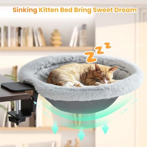 Pawaboo Cat Desk Bed, Sunken Cats Hammock with Steel Clamp Hold up to 40lbs, One-click Foldable Cat Side Table Beds with Soft Plush, Reversible & Washable Hanging Cats Bed for Game Office Home Desktop - Thumbnail 2