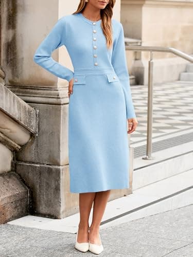 Saodimallsu Women's Fall Long Sleeve Sweater Dress Knit Bodycon Crew Neck Button Decor. Elegant Formal Midi Dresses Blue - Thumbnail 3