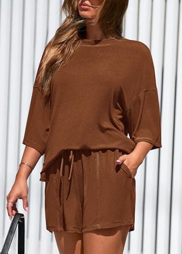 KIRUNDO 2 Piece Sets for Women Summer Lounge Sets Casual Oversized Tshirts Shorts Matching Airport Travel Outfits Postpartum(Brown, XX-Large) - Thumbnail 5