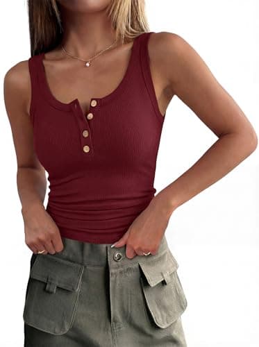 ANRABESS Tank Tops for Women Summer Basic Ribbed Henley Slim Fitted Sleeveless Cami Shirts Button Up Workout Casual Outfits Deep Red Small - Image 1
