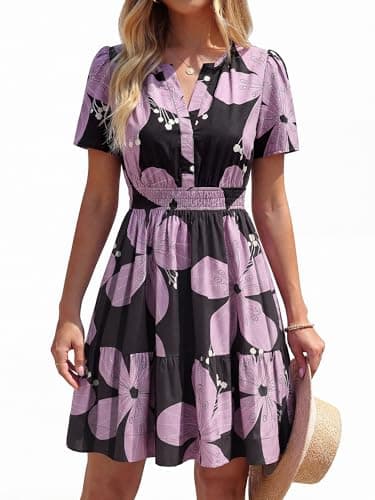 BTFBM Summer Dresses for Women 2026 Lightweight Casual Short Sleeve Floral Mini Dress A Line Beach Vacation Sundress(Black Purple Flower, Small) - Thumbnail 5