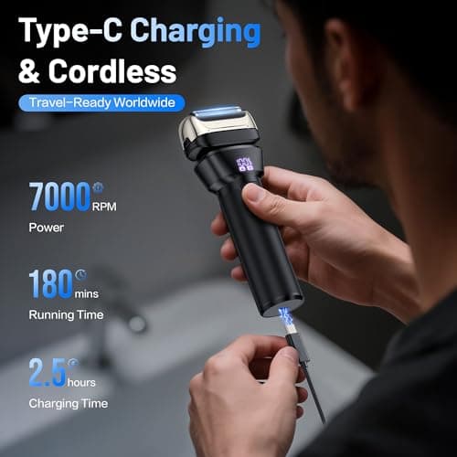 Electric Foil Shavers for Men Electric Razor with 4D Flex Floating Heads,Rechargeable Beard Trimmer with LED Display,Cordless Face Shaver for Travel,IPX6 Waterproof Wet Dry Face Razor,USB Type C - Thumbnail 5