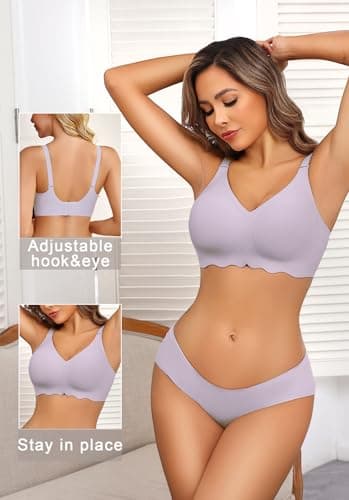 Avidlove Womens Seamless Bras No Underwire V Neck T-Shirt Bralettes Comfortable No Show Brassiere Full Coverage Everyday Bras Lavender XXL - Thumbnail 3