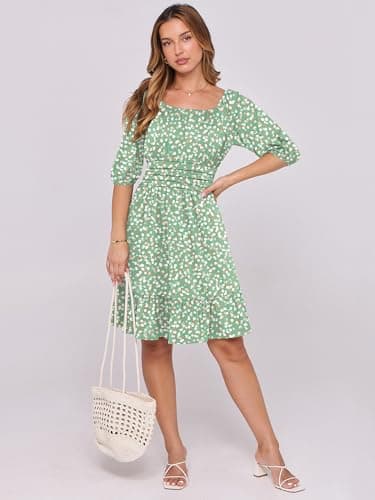 ANRABESS Womens Lantern Short Sleeve Square Neck Casual Flowy Mini Dresses 2026 Holiday Summer Spring Beach Vacation Clothes White Brown Dot X-Large - Thumbnail 5