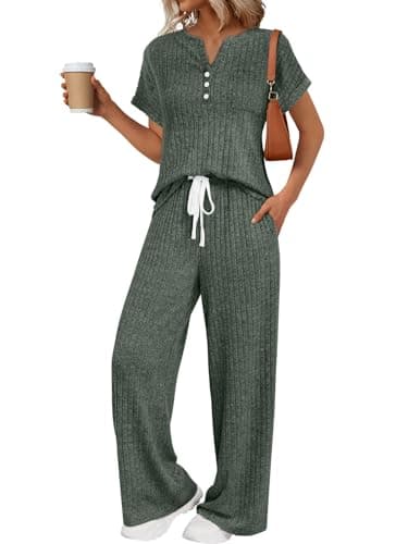 LILLUSORY Women 2 Two Piece Matching Lounge Sets 2026 Spring Summer Beach Vacation Clothes Pajamas Top Wide Leg Pants Sweat Suits Airport Travel Outfits Casual Sweatsuit Fashion Loungewear - Image 1