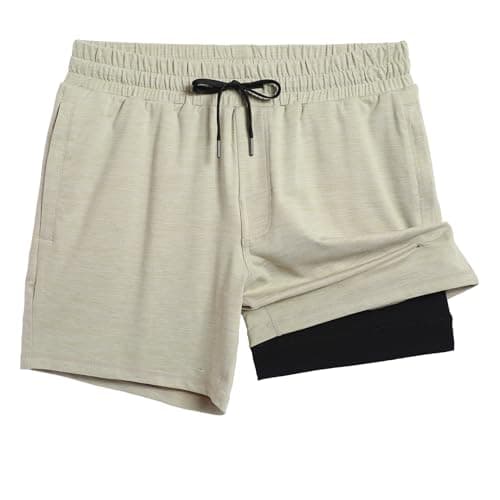 maamgic Mens 2 in 1 Running Shorts, 5" Gym Short with Zip Pockets, Quick Dry Workout Athletic Shorts for Men Khaki XX-Large - Image 1