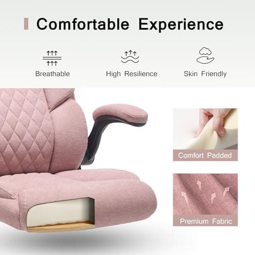 TOPOFIS Fabric Padded Home Office Chair Cloth Office Chair Comfortable Desk Chairs with Wheels Flip-up Arm Rest, Mid Back Small Computer Chair, Adjustable Height, Swivel, 250lb Capacity, Pink - Thumbnail 5