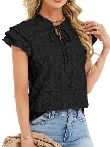 Funlingo Womens Blouses Dressy Casual Summer Cap Short Sleeve Hollow Out Eyelet Tops Ruffle Collar Lace Crochet Embroidered Shirts Black 2XL - Thumbnail 3