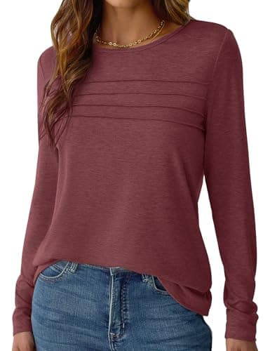 NORACORA Womens Long Sleeve Tops Spring Round Neck Dressy Shirts Tunic Pleated Tees Business Casual T-Shirts Fall Goning Out Outfits Wine Red L - Thumbnail 2