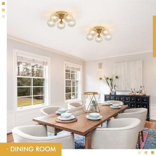 brfaixla Gold Ceiling Bubble Light Fixture Modern 5 Lights Swirled Clear Ribbed Blown Glass Ball Chandelier Semi Flush Mount Lighting Dia 12.6" for Hallway Entryway Kitchen Dining Room - Thumbnail 2