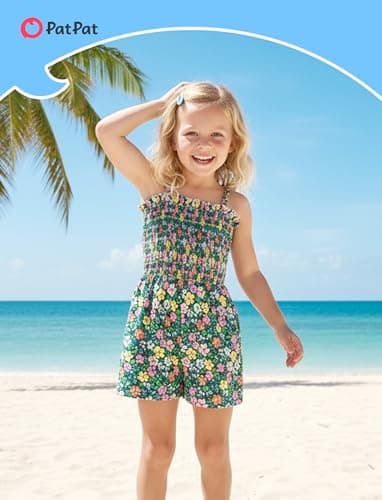 PATPAT Toddler Girl Romper 6T, Black Ditsy Floral Print Adjustable Spaghetti Strap Summer Rompers, Girls Romper 6 Cute Summer Outfits - Thumbnail 5
