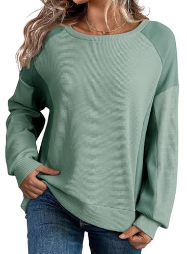 Dokotoo Womens Waffle Knit Color Block Oversized Sweatshirt for Women Fashion 2024 Long Sleeve Cute Crew Neck Sweatshirts Casual Pullover Lightweight Soft Shirt Top Fall Trendy Clothes Green Large - Image 1
