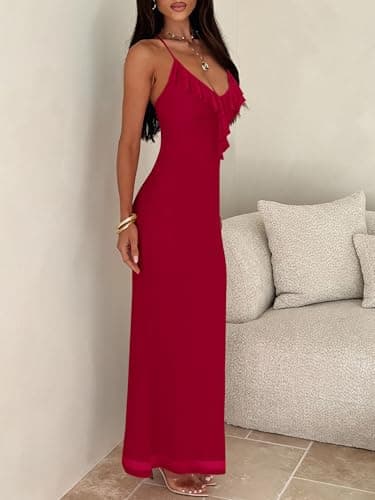 Prinbara Womens Mesh Bodycon Formal Maxi Dresses Summer Spaghetti Strap Ruffle Cocktail Wedding Guest Party Prom Long Dress Burgundy Small - Thumbnail 4