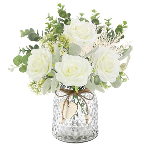 HOHOTIME Artificial Flowers with Vase, White Silk Roses Fake Flower Arrangement with Eucalyptus, Faux Plant Vase for Home Office Dining Table Centerpiece Coffee Table Decor Farmhouse Decoration