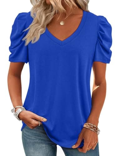 ATHMILE Womens Blouse Dressy Casual V Neck Puff Short Sleeve Tshirts Boho Fashion Summer Spring Tunic Top Clothes Royal Blue - Image 1