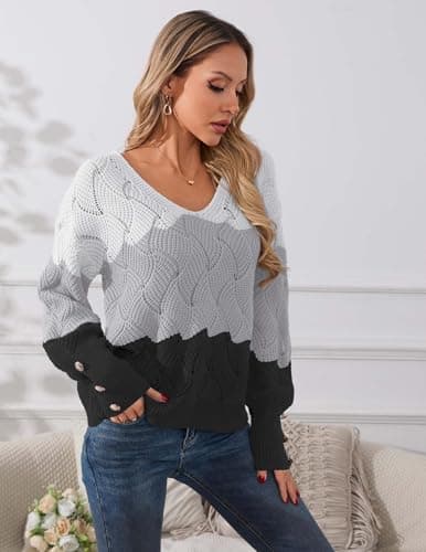 Libsorge Womens Oversized Cute Color Block Button Sweater Spring 2026 Trendy Ladies Dressy Casual Outfits Lightweight Crochet Knit Hollow Out Sexy V Neck Long Sleeve Pullover Sweaters Grey S - Thumbnail 4