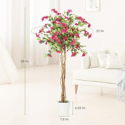 GarveeHome 5 ft Artificial Bougainvillea Tree, Tall Potted Artificial Plants Indoor, Faux Tree with Wood Trunk and Pink Flowers for Outdoor - Thumbnail 3