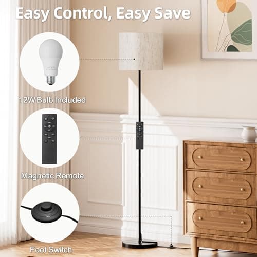 Keepsmile Dimmable Floor Lamps for LivingRoom with 12W LED Bulb, Foot Switch, Remote Custom Color Temperature Floor Light, Linen Shade Standing Lamps, Modern Tall Lamp for Office Bedroom Kid Room - Thumbnail 2