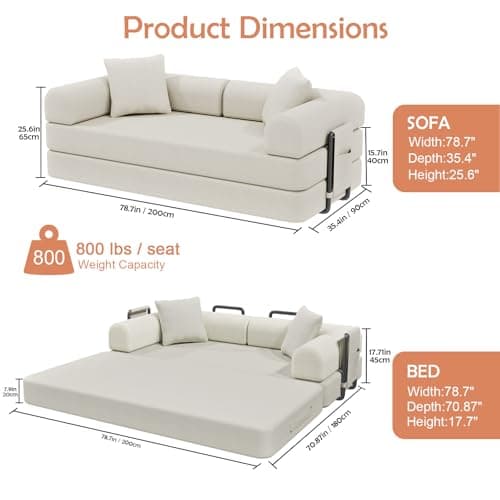 78.8Inch Convertible Sofa Bed, 5-in-1 Futon Sofa Bed Pull Out Couch bed, folding Boneless Couches for Living Room, Corduroy Boneless Couches for Bedroom, Apartment, No Assembly Sleeper Sofa(Off-White) - Thumbnail 2