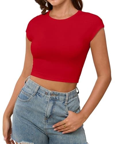 Abardsion Women's Cute Crop Tops Y2K Shirts Sexy Cap Sleeve Slim Fit Summer Clothes for Daily & Workout Bright Red Large